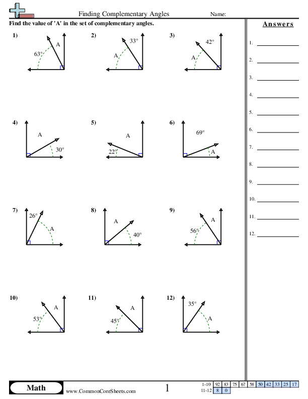 Angles Worksheets - Finding Complementary Angles worksheet